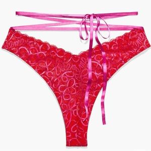 Savage X Fenty Red Pink Bite Me Ribbon Writing Lace Brazilian w/ Removable Tie
